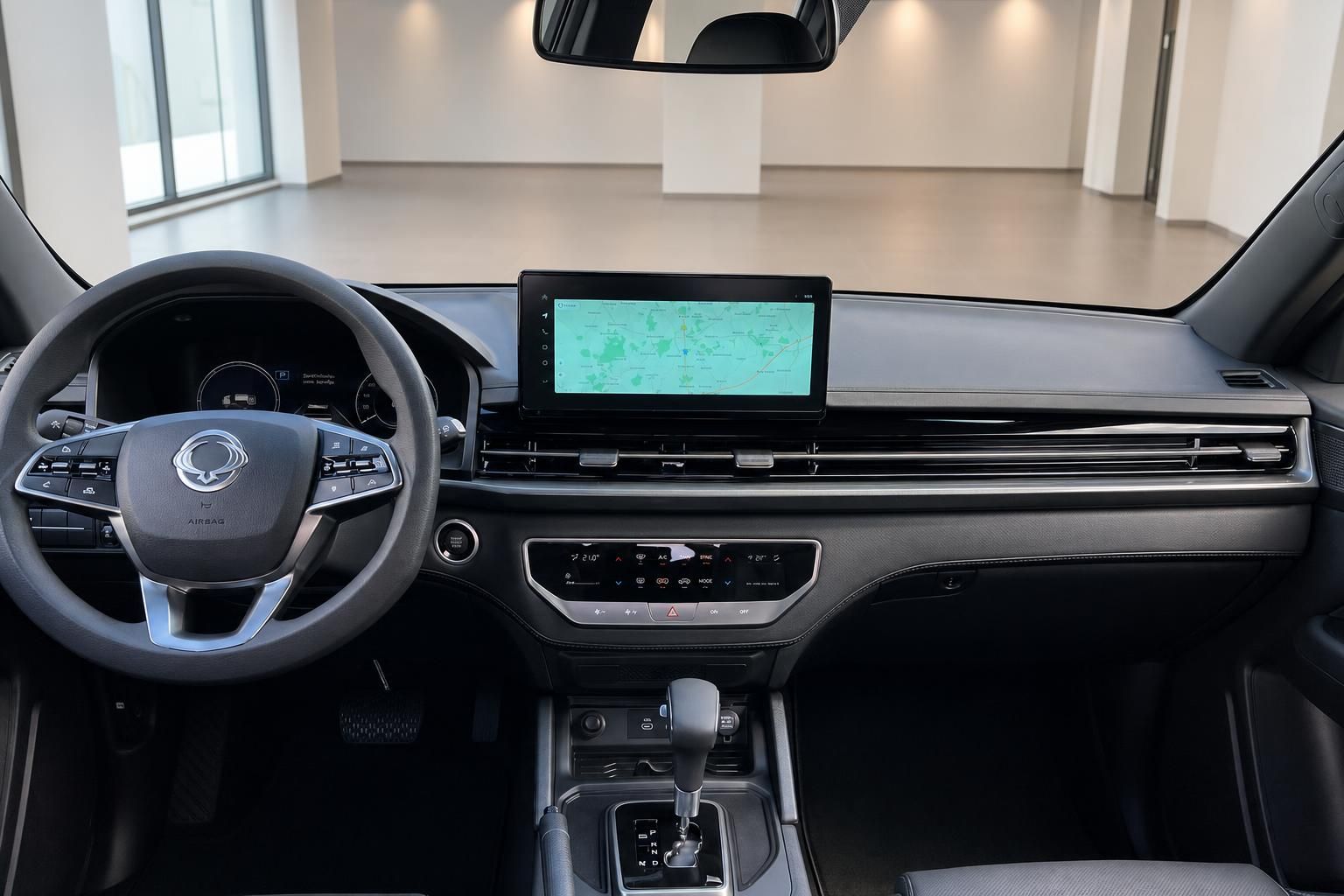 Modernes Fahrzeug-Cockpit mit Touchscreen-Display, Navigationssystem und Automatikgetriebe
