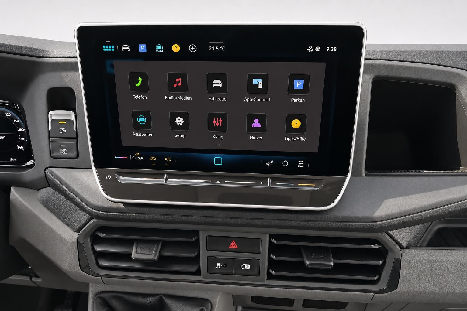 VW Crafter Infotainment-Display mit Menüoptionen im Detail