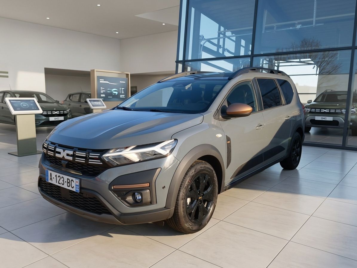 Dacia SUV in grauer Metallic-Lackierung im Autohaus-Showroom - Dreiviertel-Frontansicht