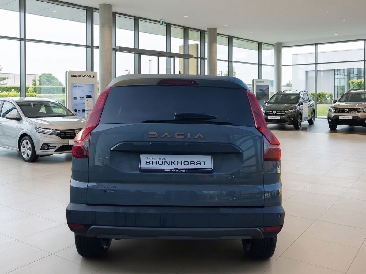 Dacia SUV Heckansicht in blau-grauer Farbe im Autohaus - Rückleuchten und Kennzeichenhalter sichtbar