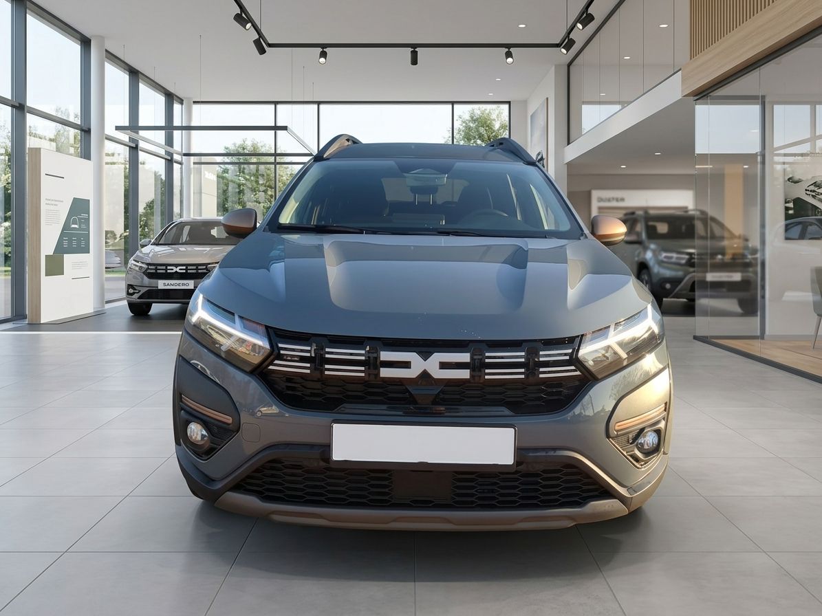 Dacia SUV Frontansicht in grauer Metallic-Lackierung - Kühlergrill und LED-Scheinwerfer im Detail