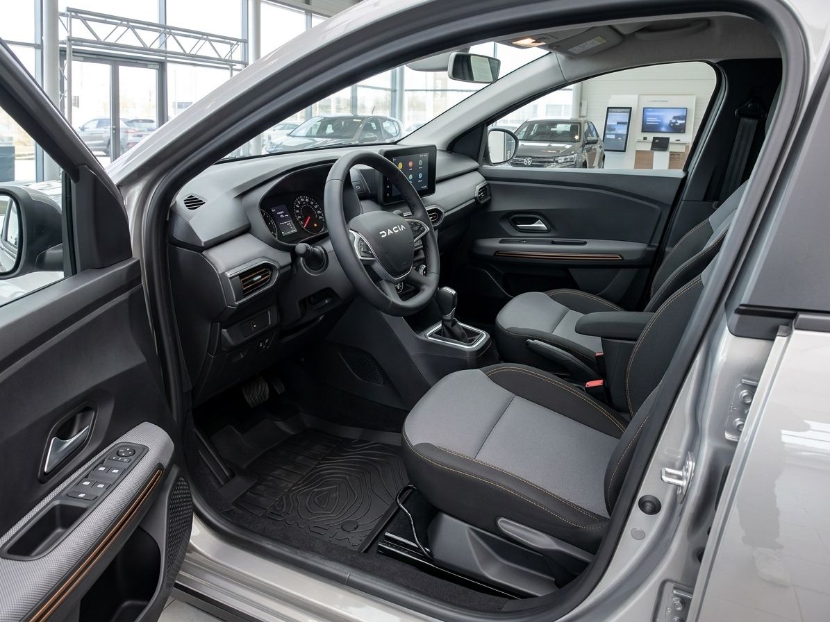 Dacia Fahrzeuginnenraum - Fahrersitz und Armaturenbrett mit Lenkrad und Mittelkonsole