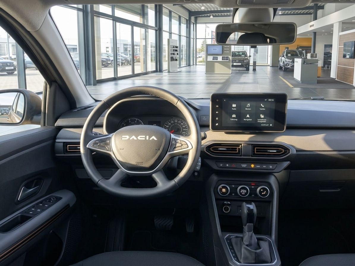 Dacia Cockpit-Ansicht - Lenkrad, Tacho und Infotainment-Display im Armaturenbrett