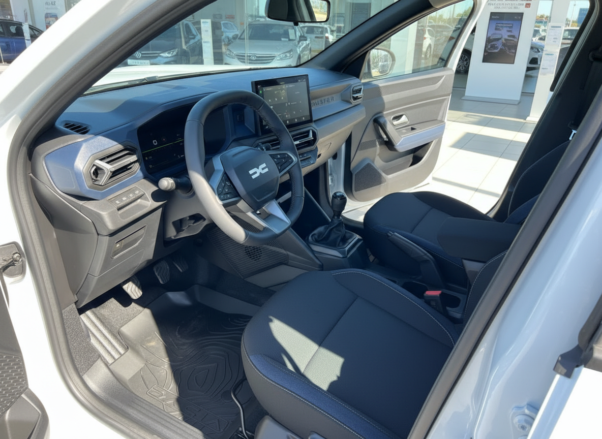 Dacia Innenraum mit Lenkrad, Touchscreen und Schaltgetriebe – modernes Cockpit in Schwarz-Grau
