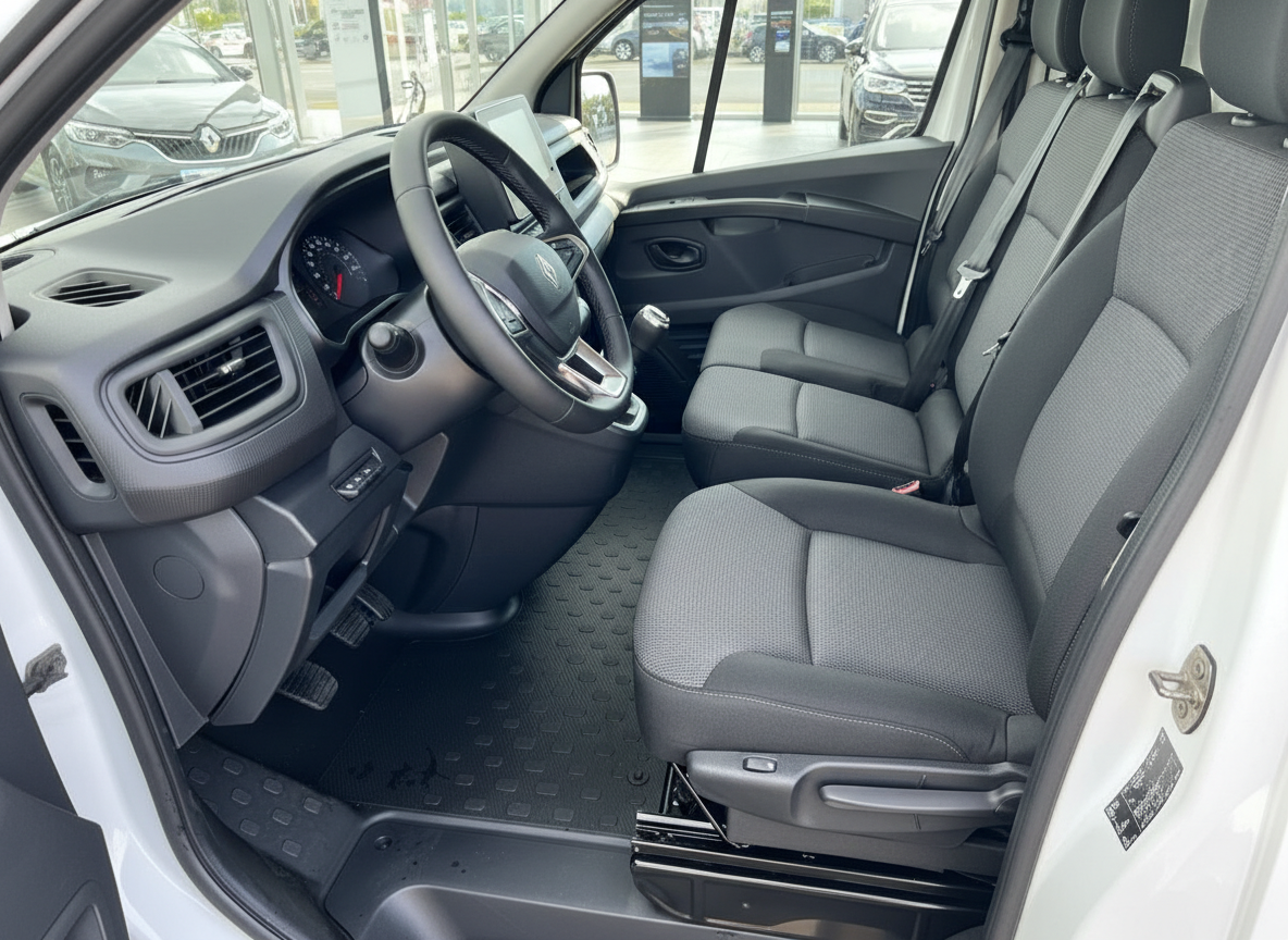 Renault Trafic Innenraum mit schwarzen Sitzen, Lenkrad und moderner Mittelkonsole