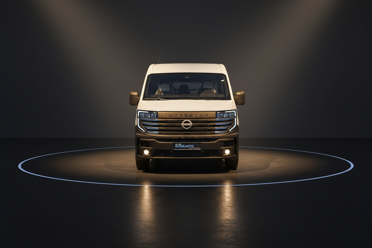 Nissan Interstar Transporter Frontansicht in Weiß mit LED-Scheinwerfern im dunklen Showroom mit dramatischer Beleuchtung