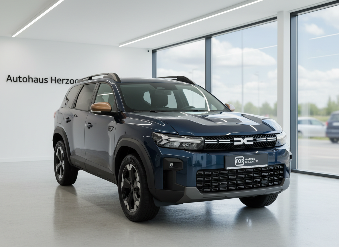 Dacia Jogger in Dunkelblau im Autohaus Herzog Showroom – moderner SUV mit Dachträger