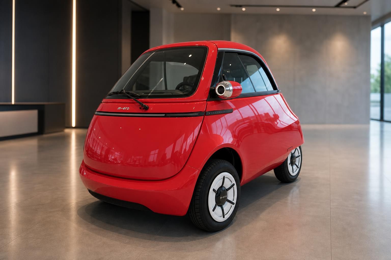 Rotes Microlino Elektroauto seitlich im Showroom