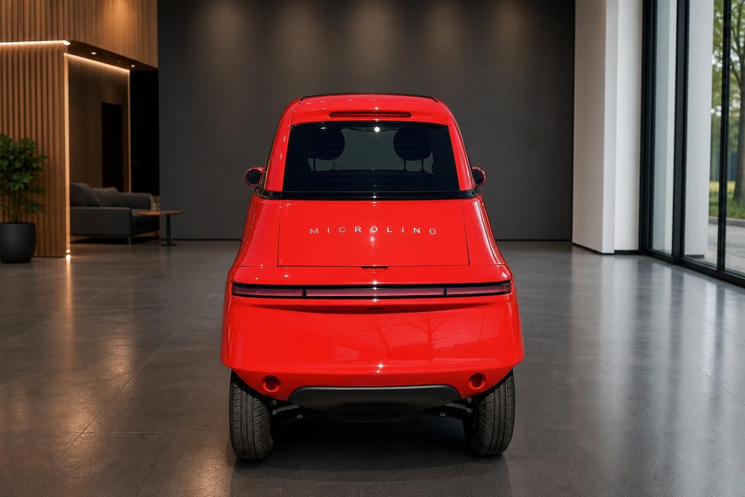 Rotes Microlino Elektrofahrzeug von hinten in modernem Showroom