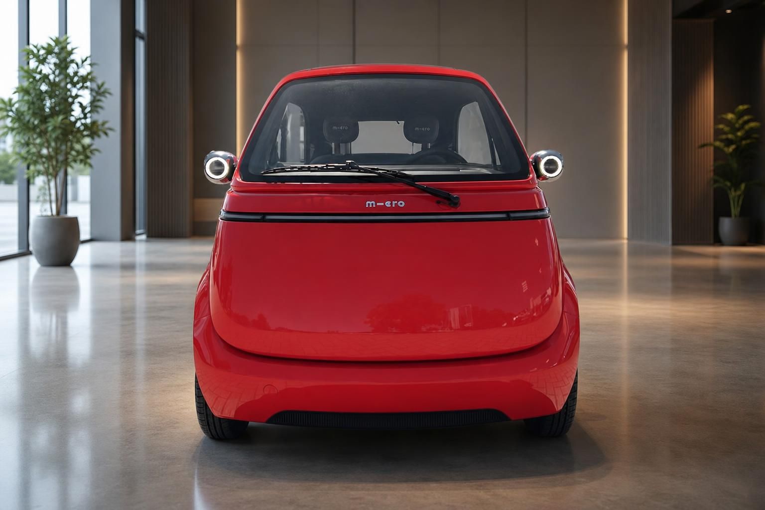 Rotes Microlino Elektrofahrzeug von vorne mit runden Scheinwerfern