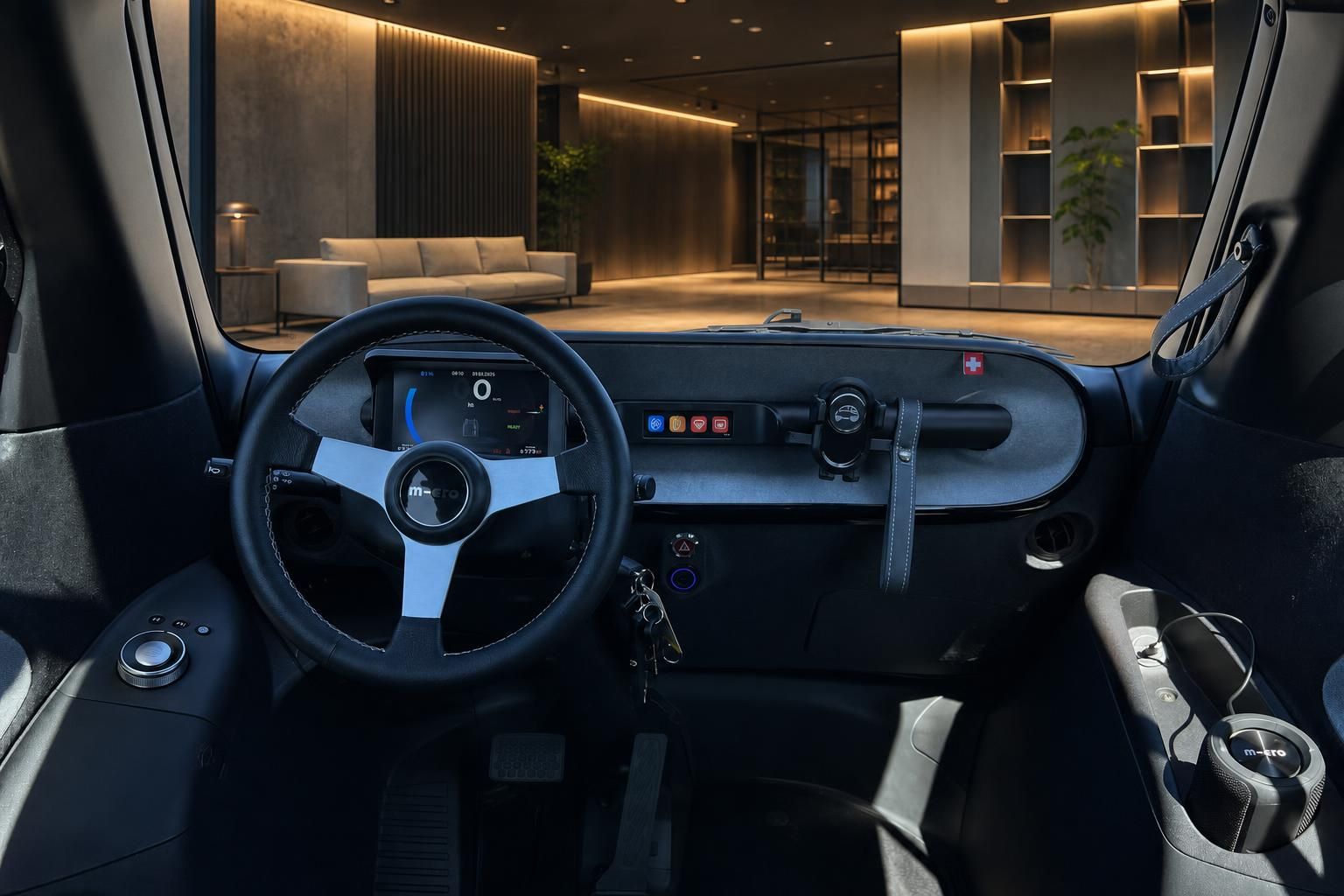 Armaturenbrett und Cockpit des Microlino mit digitalem Display