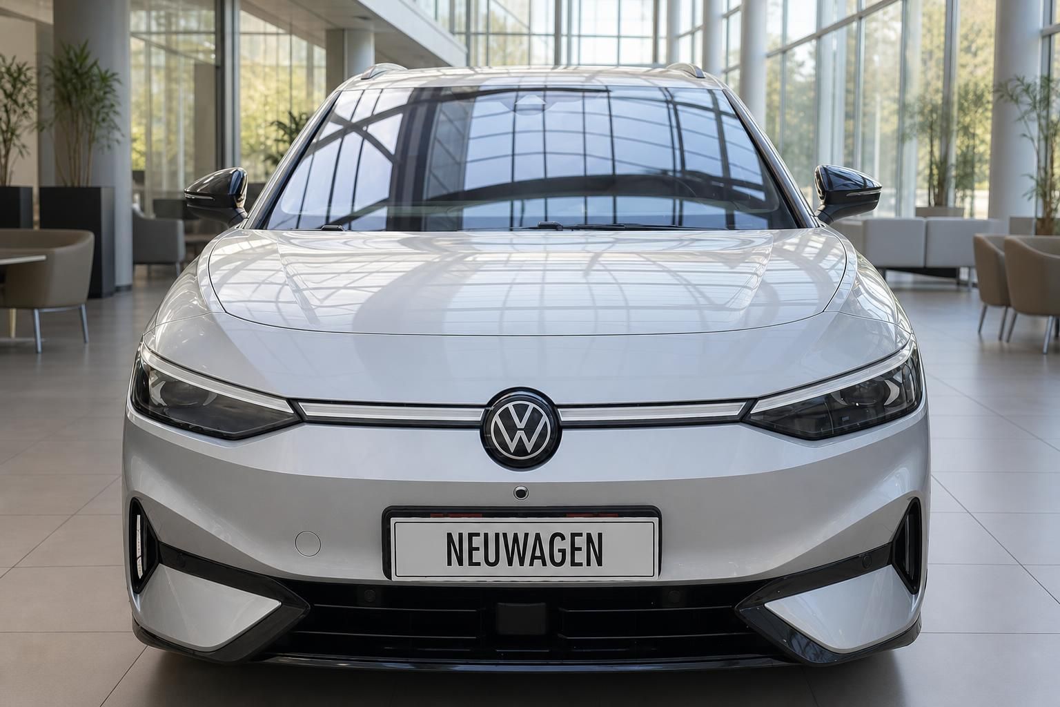 VW ID.7 Tourer weiss Frontansicht im Autohaus – Elektro-Kombi Neuwagen