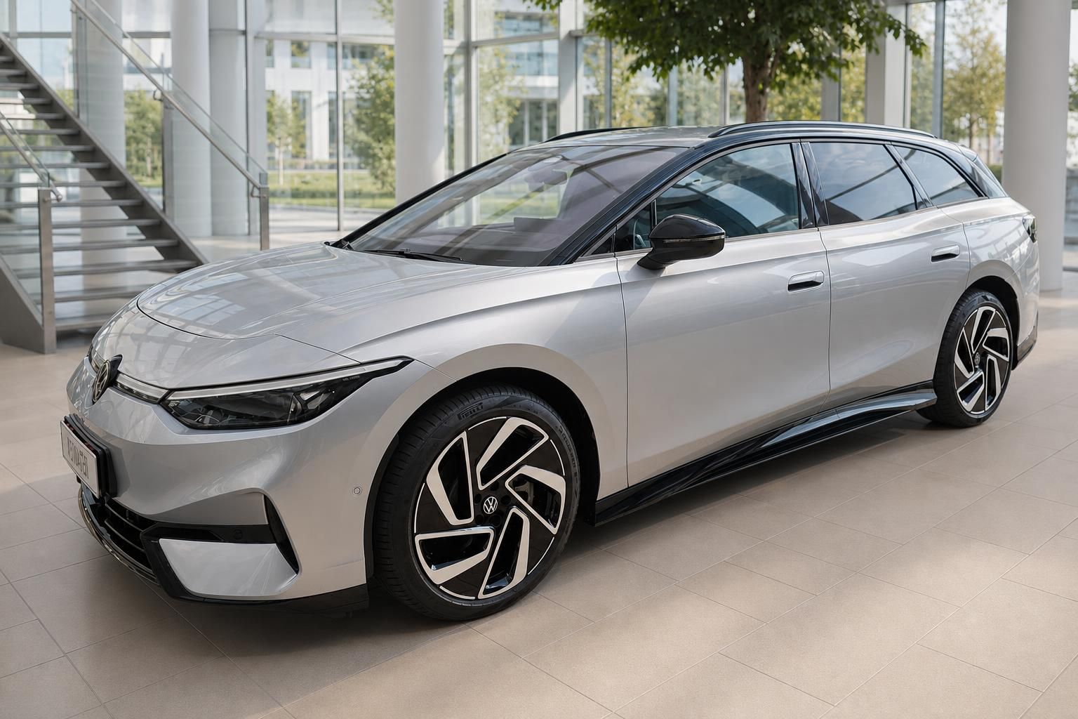 VW ID.7 Tourer silber Schrägansicht vorne links im Showroom – Elektro-Kombi