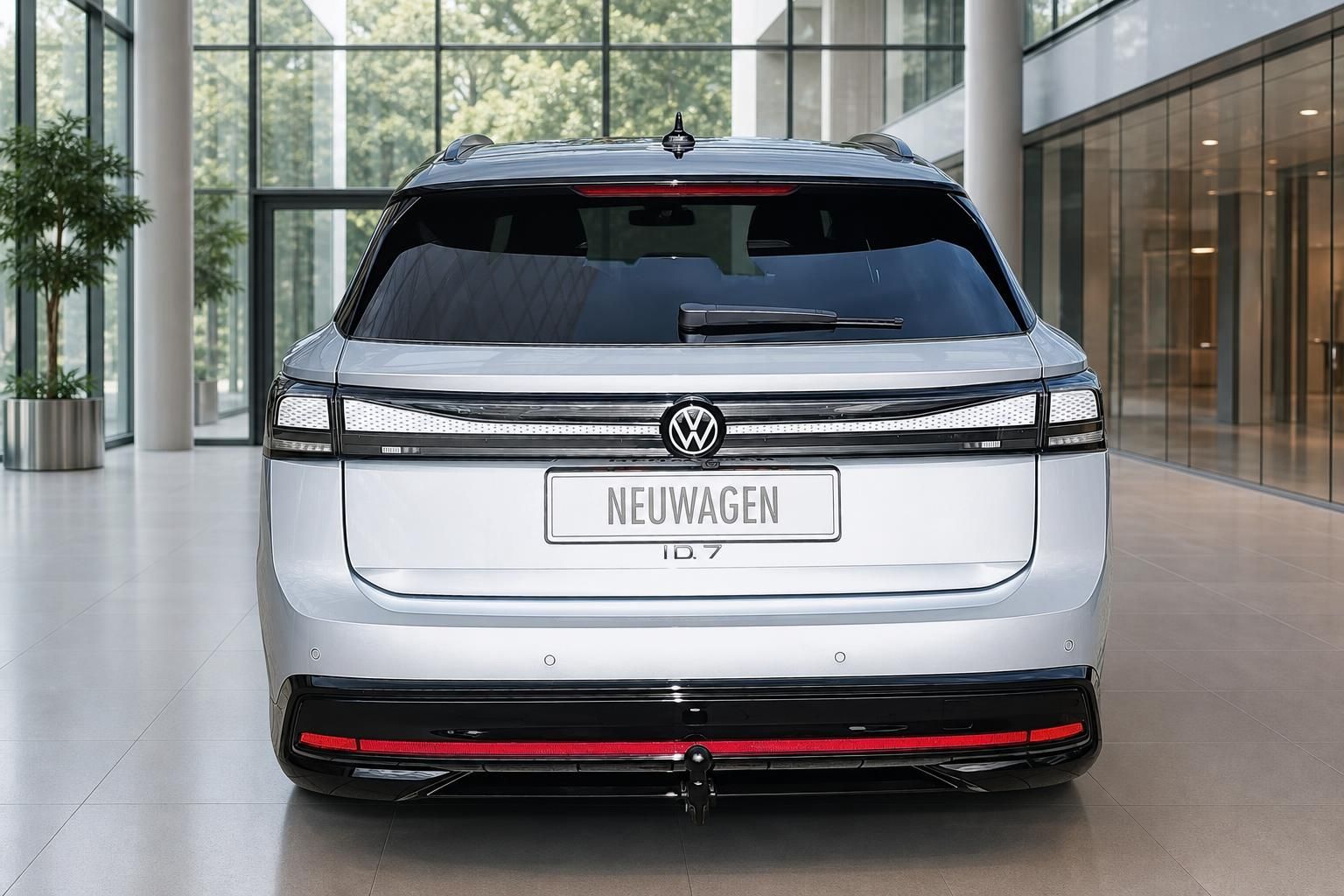 VW ID.7 Tourer weiss Heckansicht frontal im Autohaus – Elektro-Kombi Neuwagen