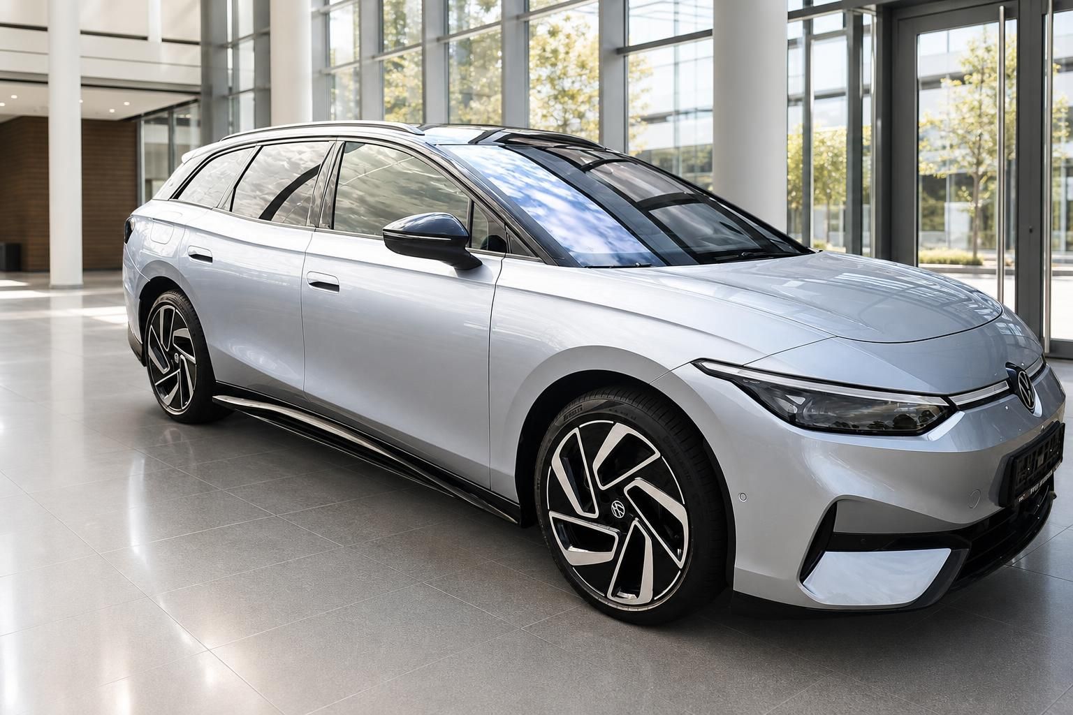 VW ID.7 Tourer silber Frontschräge rechts im Autohaus – Volkswagen Elektro-Kombi