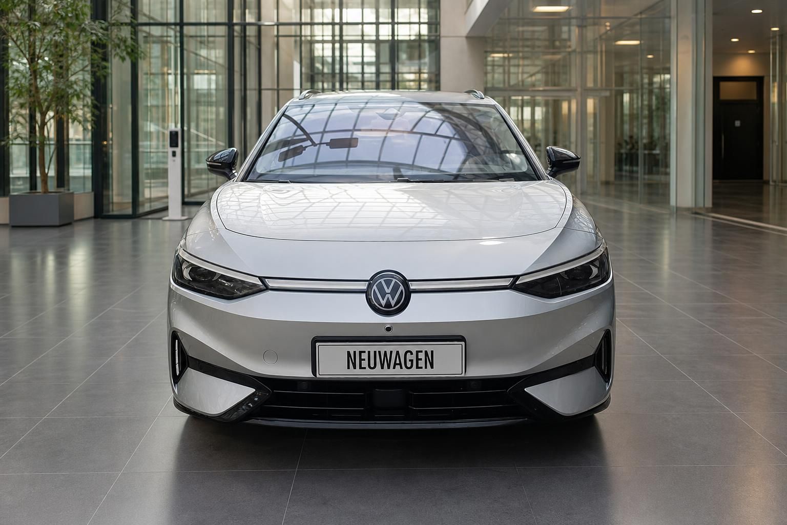 VW ID.7 Tourer Frontansicht im Autohaus mit Neuwagen-Kennzeichen – Elektro-Kombi