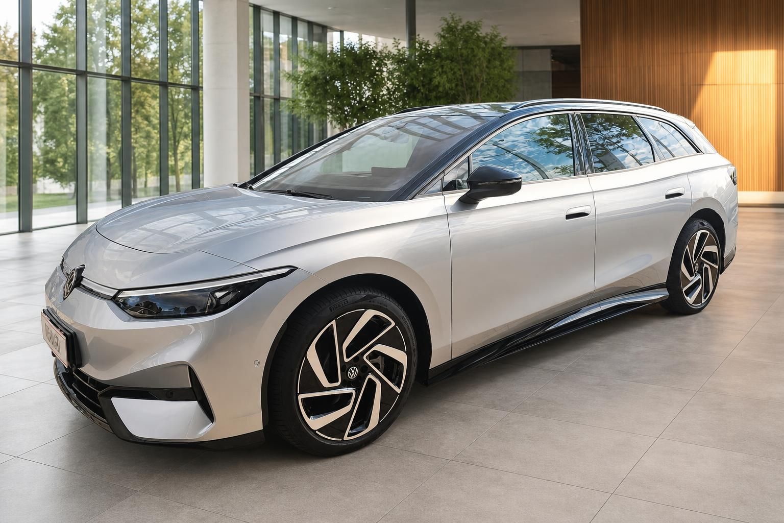 VW ID.7 Tourer silber Dreiviertelansicht vorne links im Showroom – Elektro-Kombi VW