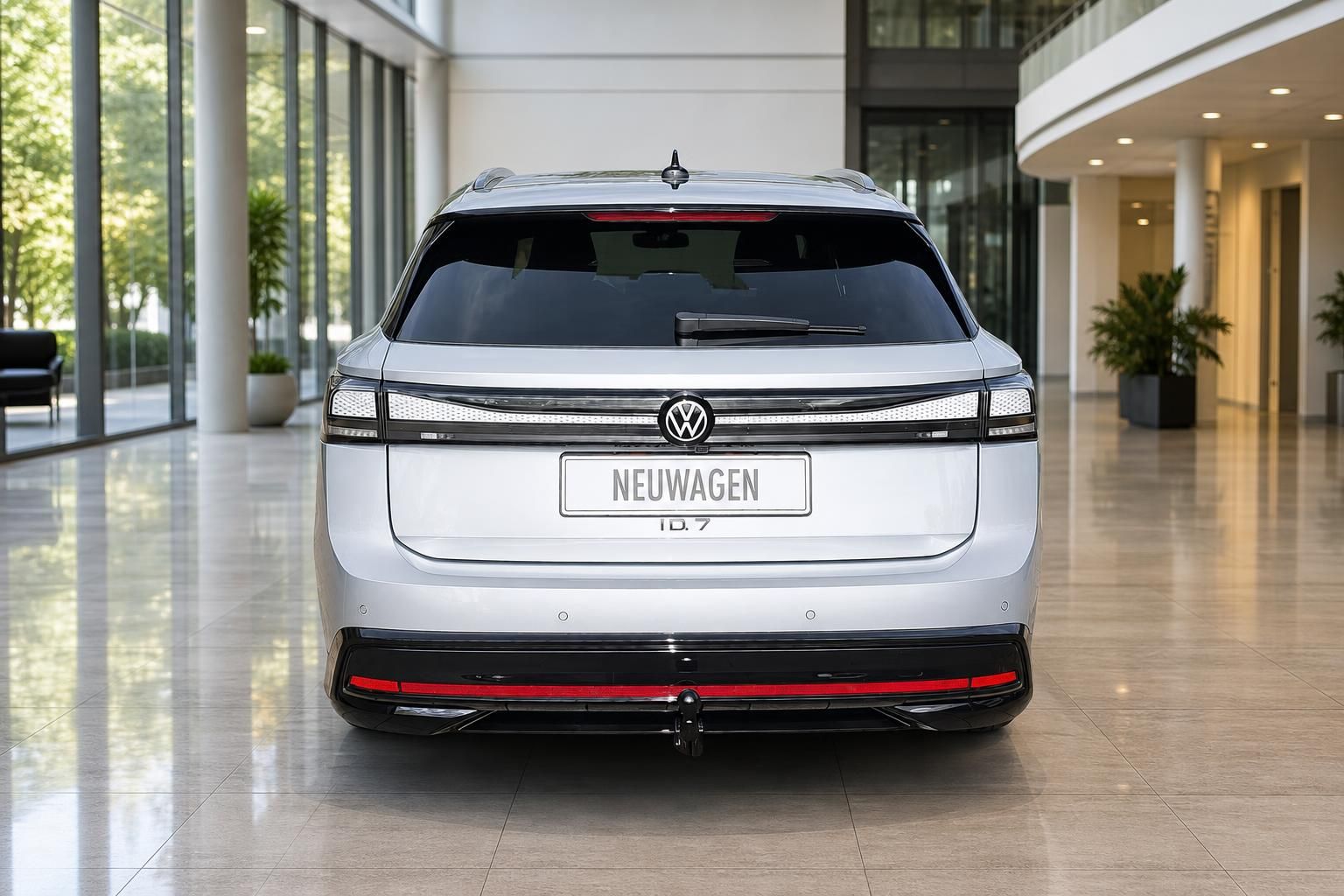 VW ID.7 Tourer Silber Heckansicht im Autohaus – Neuwagen mit Anhängerkupplung