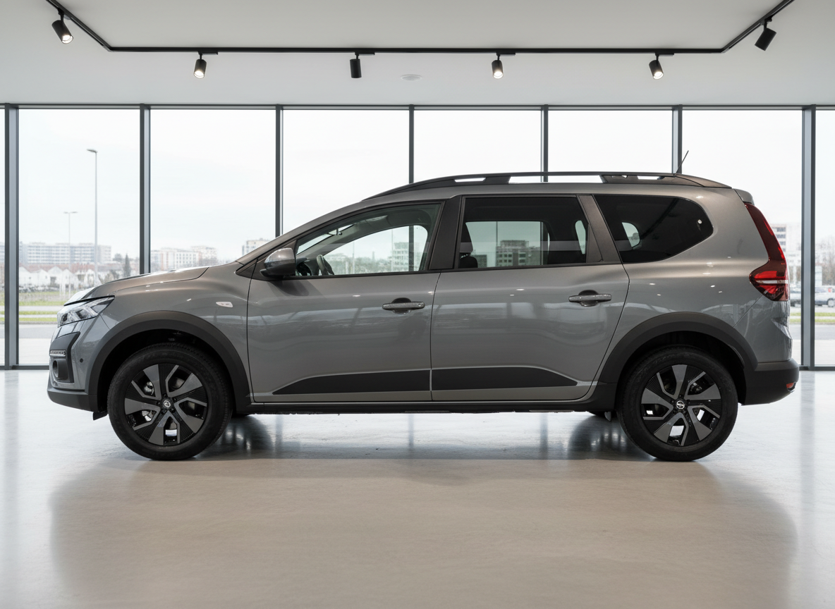Dacia Jogger in Grau – Seitenansicht im Autohaus-Showroom