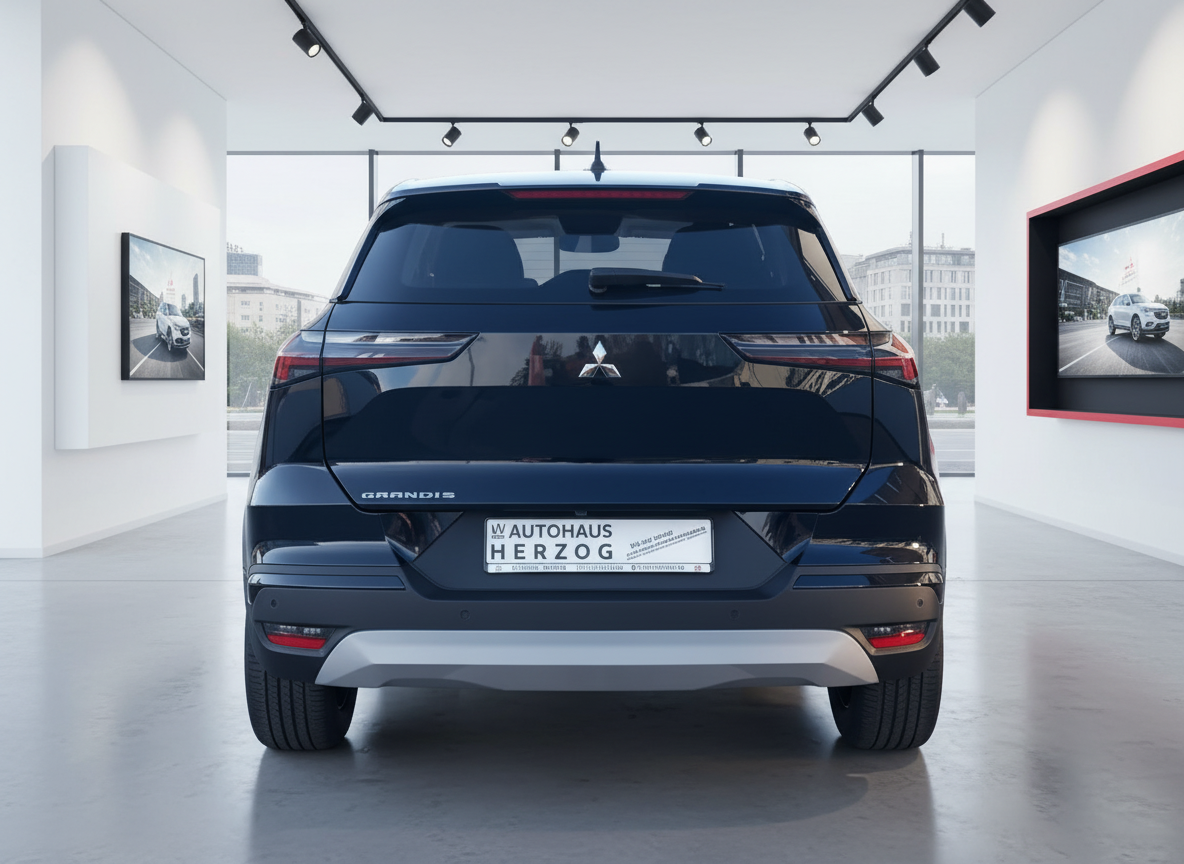 Mitsubishi Grandis in Dunkelblau – Heckansicht im Autohaus Showroom
