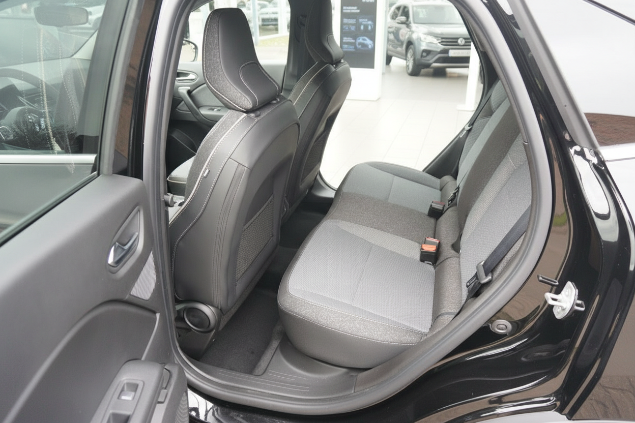 Schwarzes Fahrzeug Innenraum Rücksitzbank grau mit Sicherheitsgurten Detailansicht