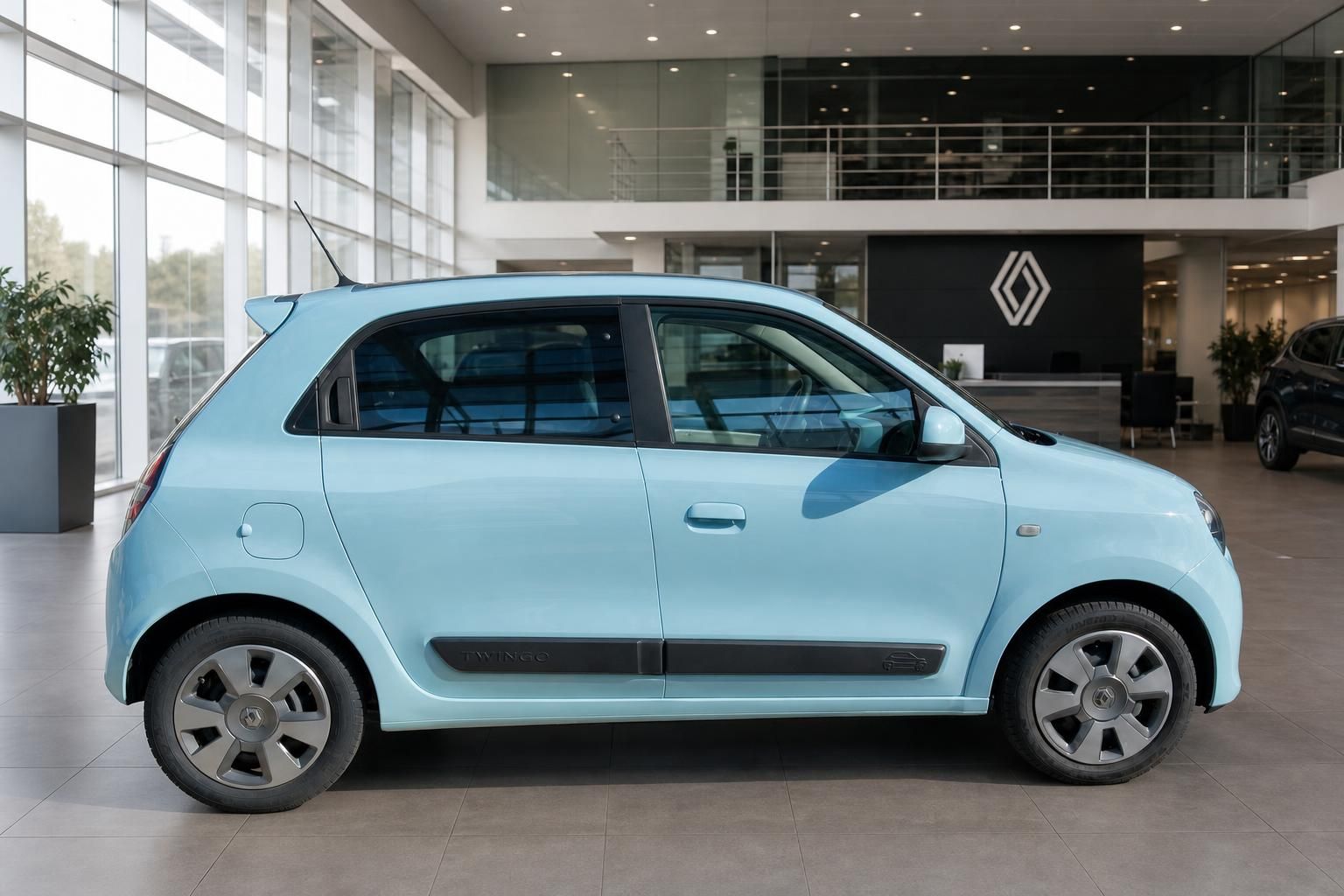 Renault Twingo Electric hellblau Seitenansicht im Renault-Showroom – Elektro-Kleinwagen