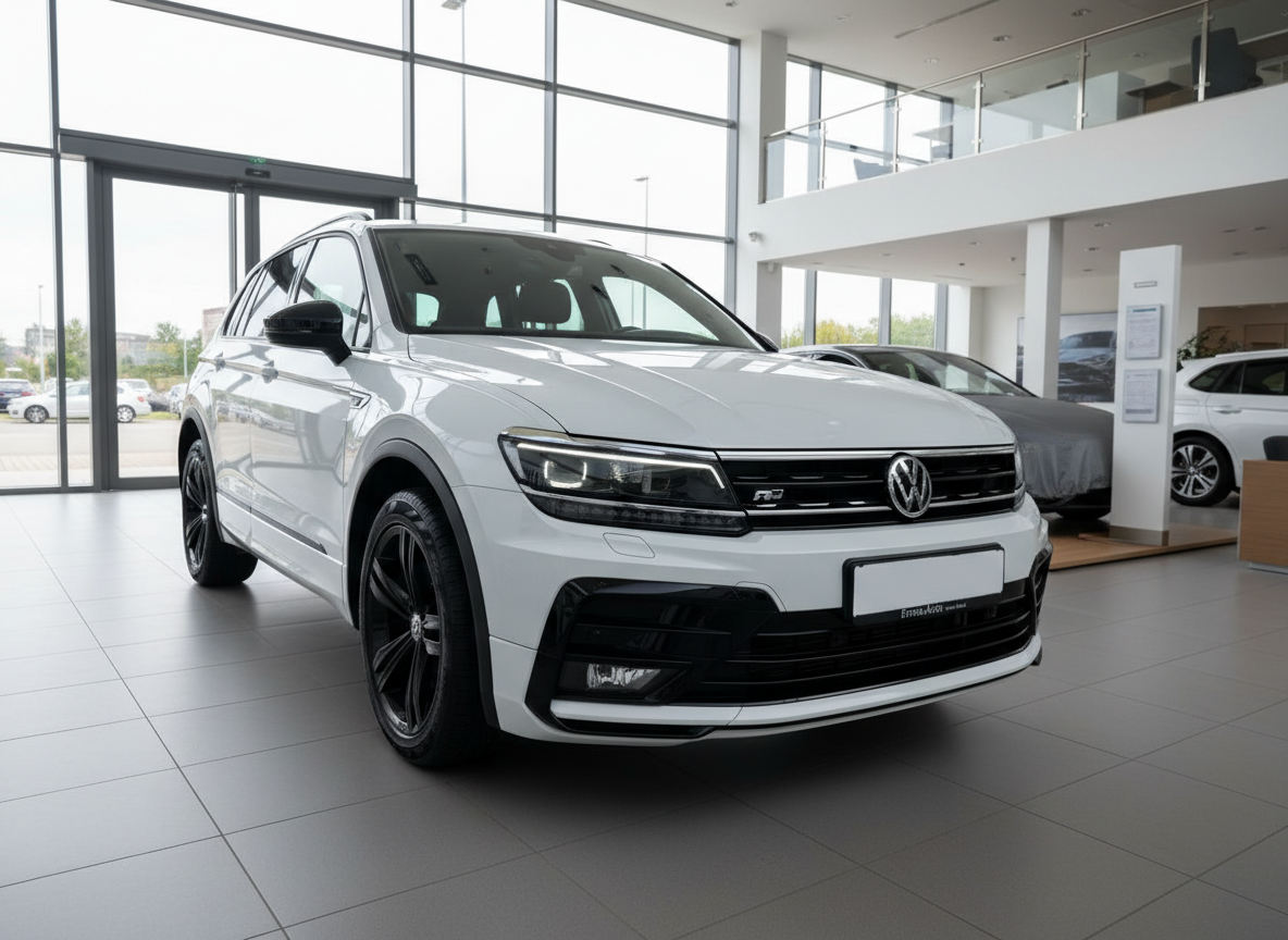 Weißer Volkswagen Tiguan R-Line SUV im Autohaus-Showroom