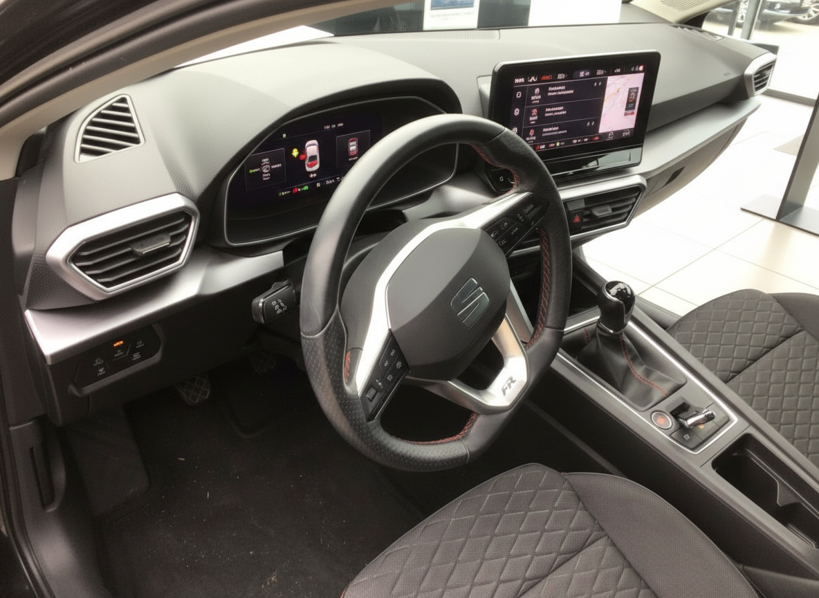 SEAT Leon FR Innenraum mit Sportlenkrad, digitalem Cockpit und Infotainment-Touchscreen
