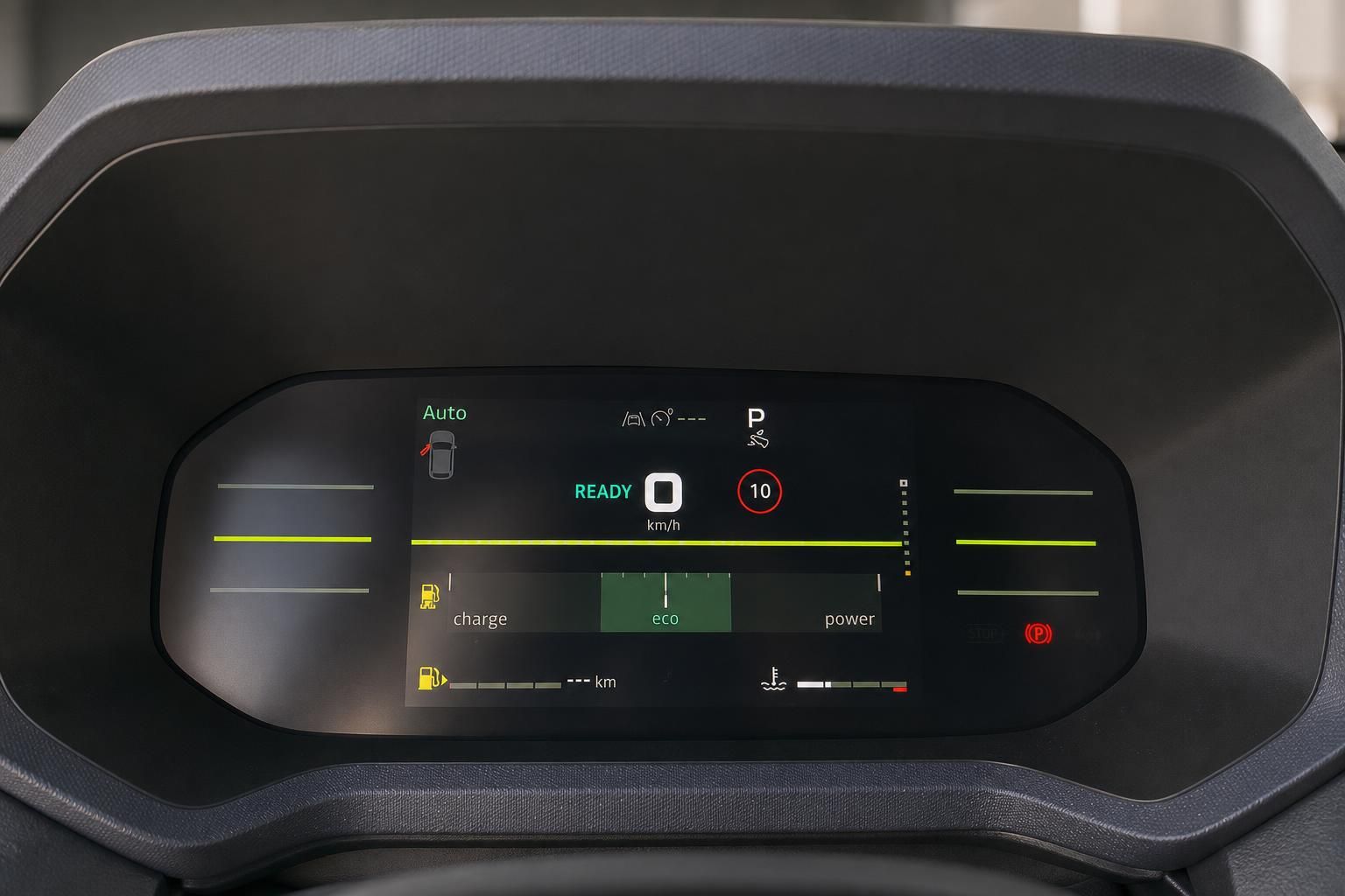 Digitales Kombiinstrument mit Ready-Anzeige und Eco-Modus im Elektrofahrzeug