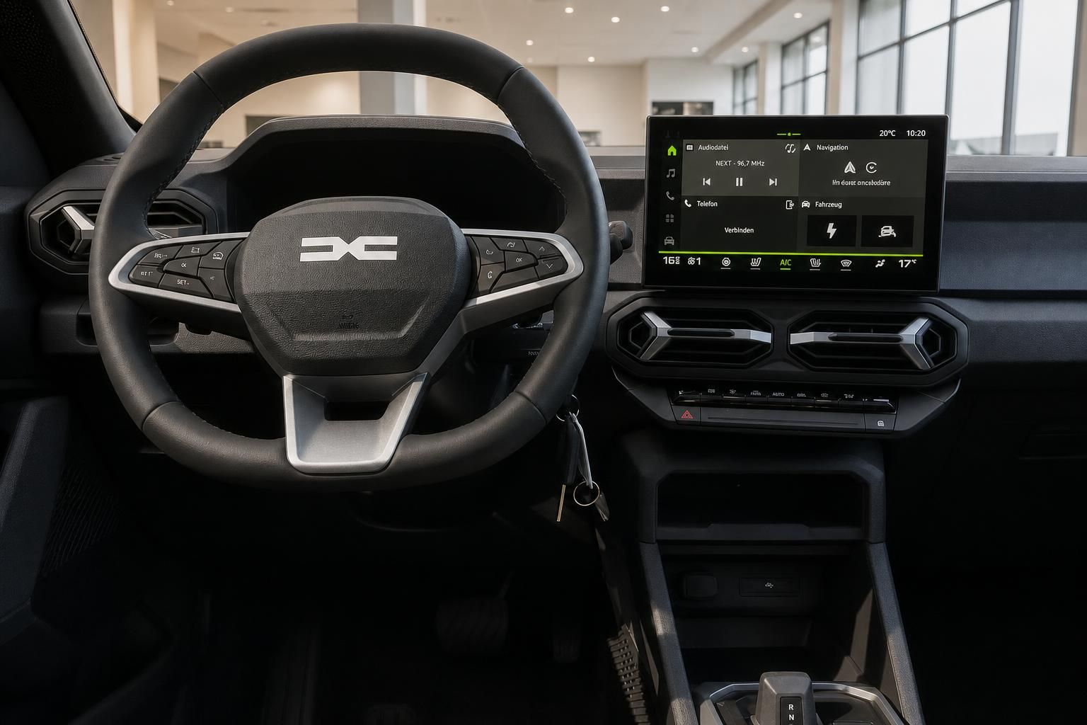 Dacia Bigster Cockpit, Lenkrad und Infotainment-Display Nahaufnahme