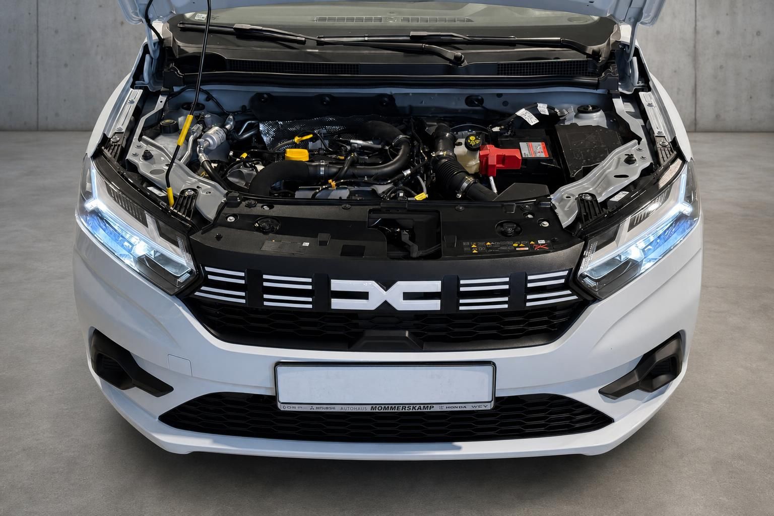 Motorraum eines weißen Dacia mit geöffneter Motorhaube im Detail