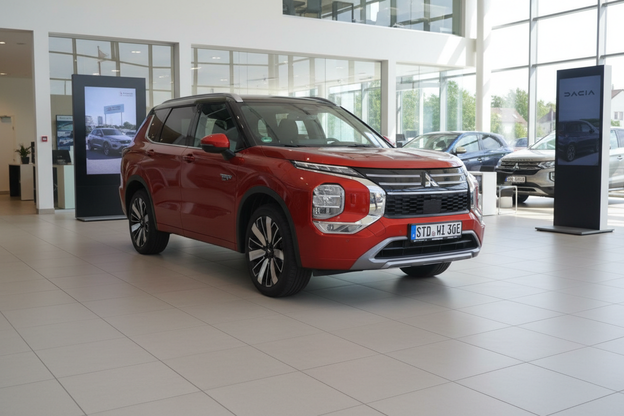 Roter Mitsubishi Outlander PHEV SUV in Autohaus-Showroom, Frontansicht