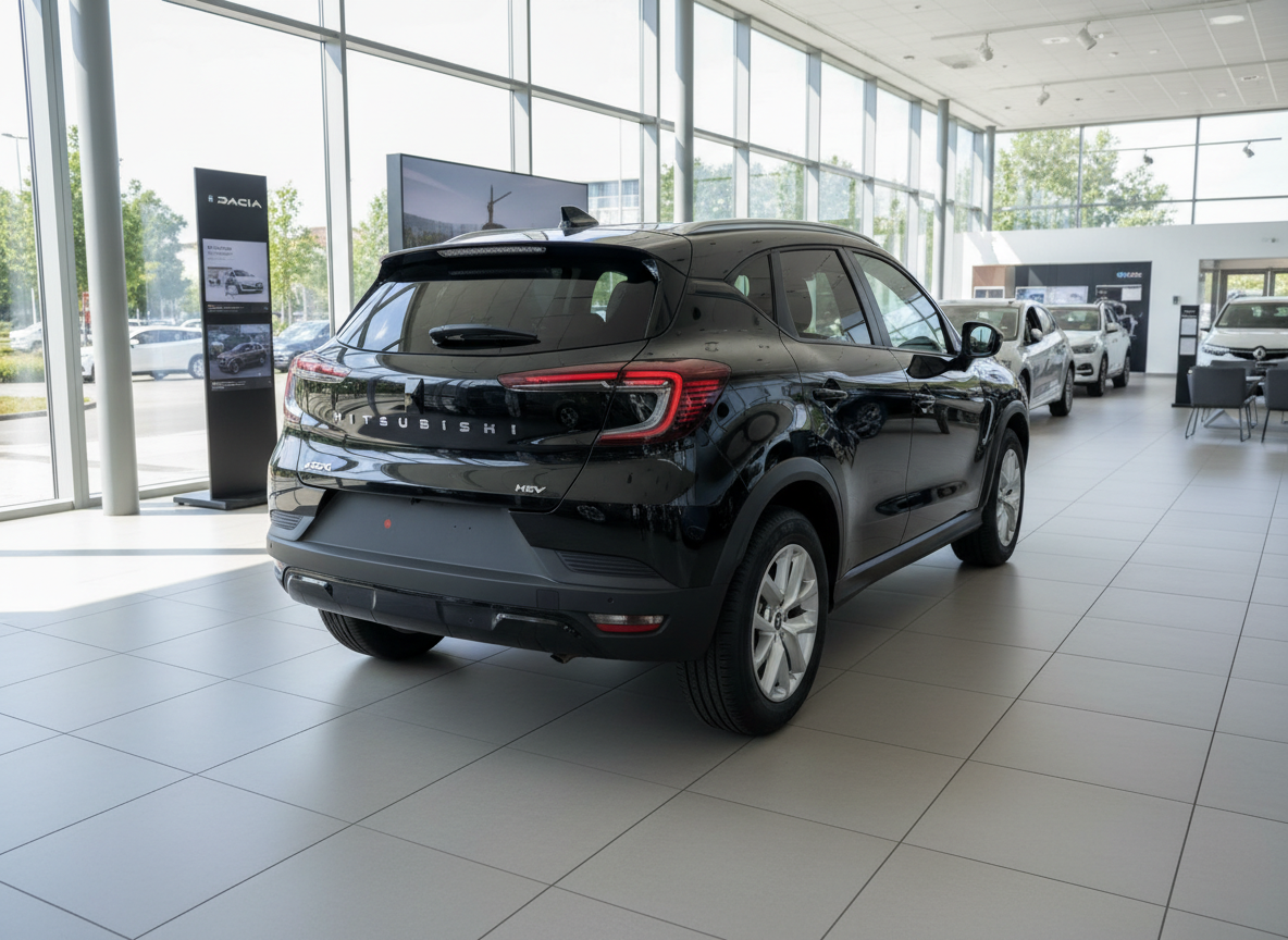 Schwarzer Mitsubishi ASX MHEV SUV Heckansicht im Autohaus Showroom