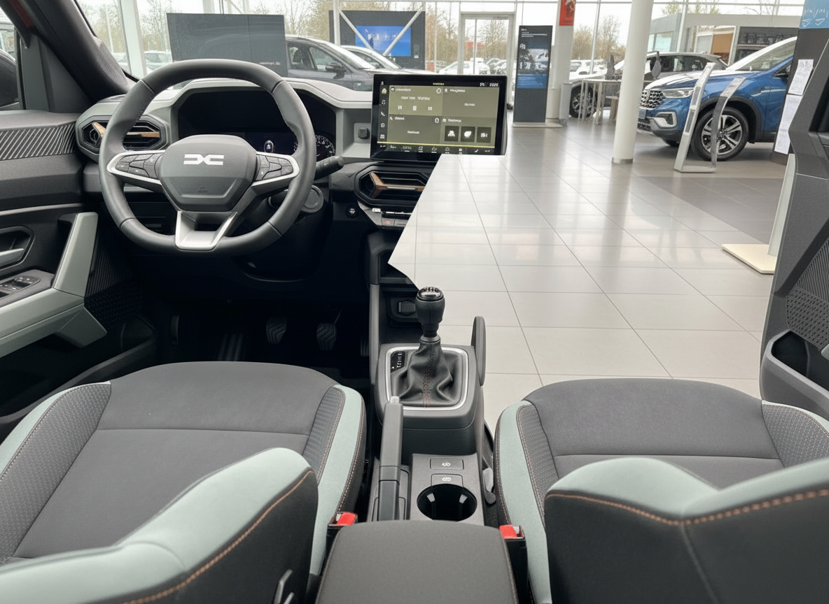 Dacia Innenraum mit Lenkrad, Infotainment-Display und Schaltgetriebe im Autohaus