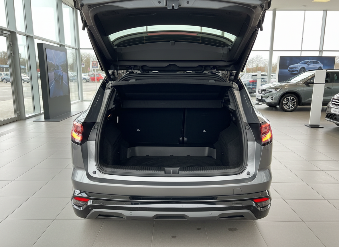 Grauer SUV mit geöffnetem Kofferraum im Autohaus – geräumiger Laderaum