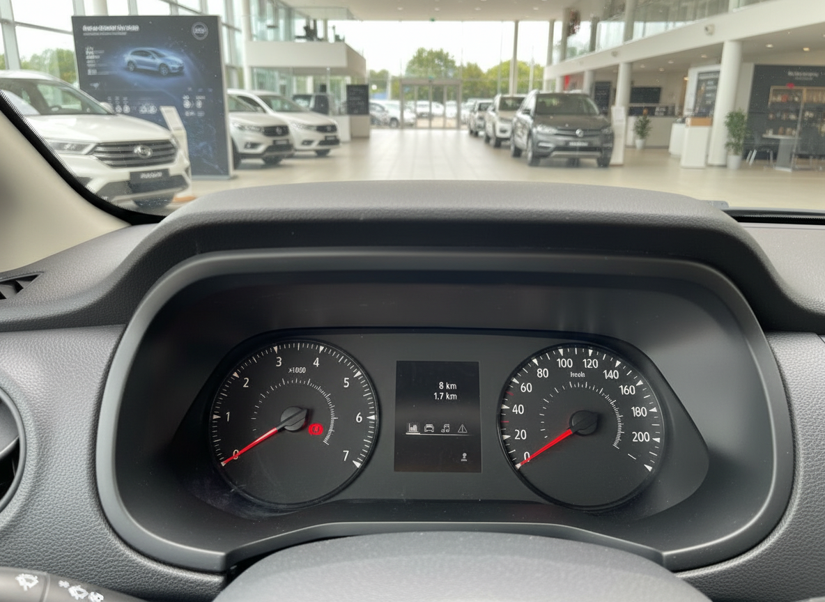 Fahrzeug-Cockpit mit Tachometer und Drehzahlmesser im Autohaus-Showroom