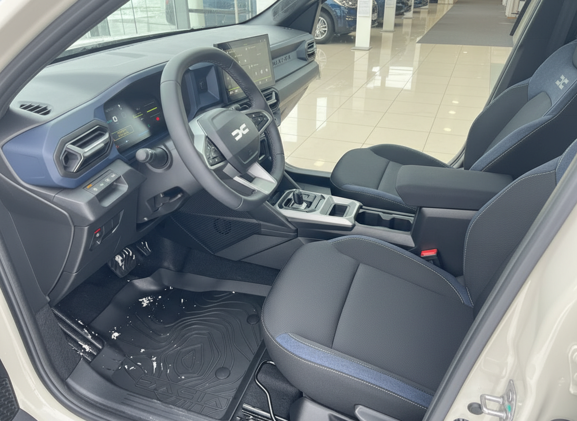 Modernes Fahrzeug Innenraum mit schwarzen Sitzen, digitalem Cockpit und Mittelkonsole