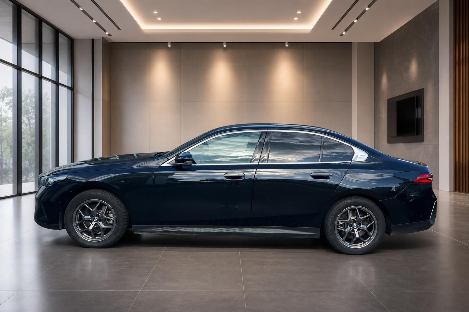 BMW 5er Limousine dunkelblau Seitenansicht im Showroom
