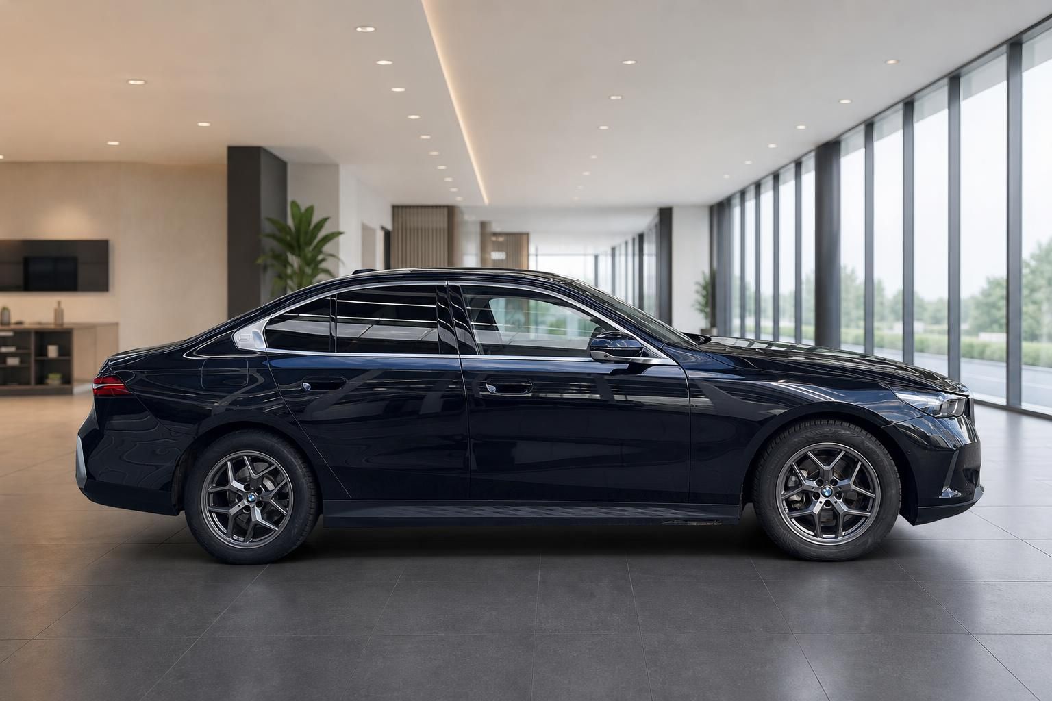 BMW 5er Limousine schwarz Seitenansicht im modernen Showroom