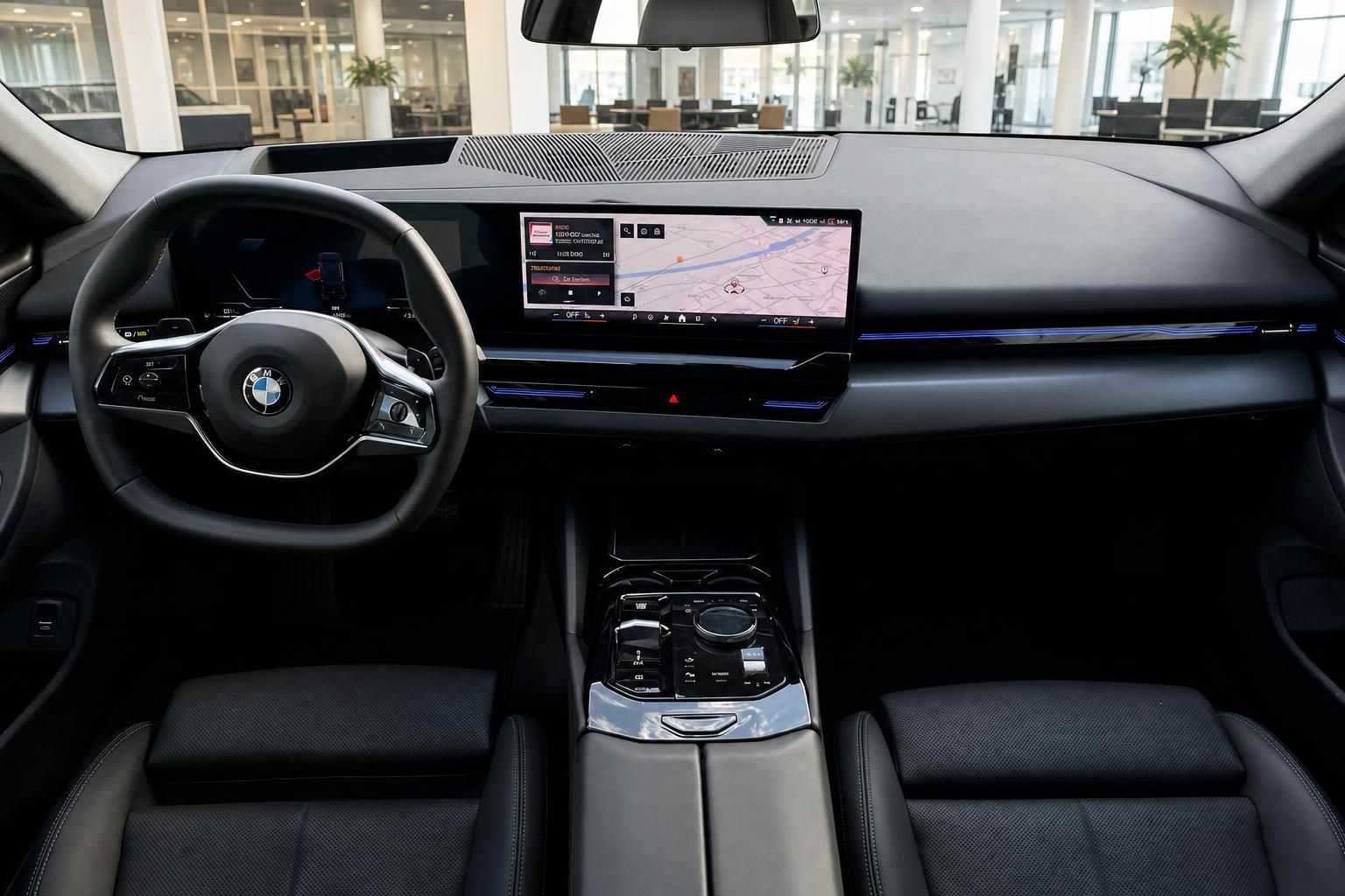BMW Innenraum Cockpit mit Lenkrad und Curved Display Navigation