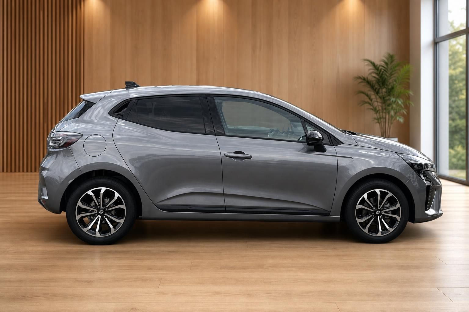 Renault Clio Seitenansicht grau metallic – moderner Kleinwagen im Showroom