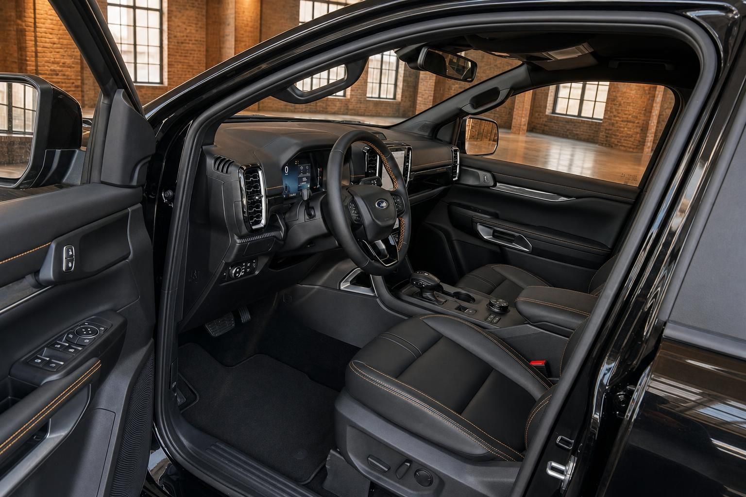 Ford Ranger Innenraum schwarz Leder Cockpit mit Lenkrad Touchscreen und Mittelkonsole