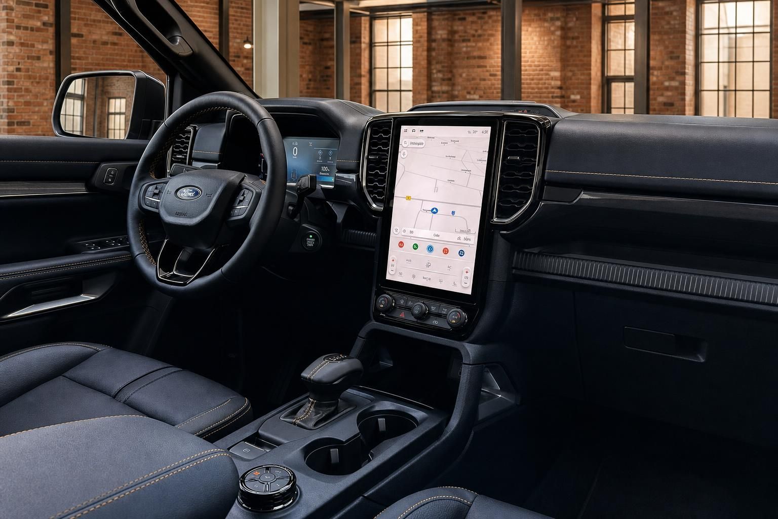 Ford Ranger Innenraum Cockpit mit großem Touchscreen Navigationssystem und Ford Lenkrad