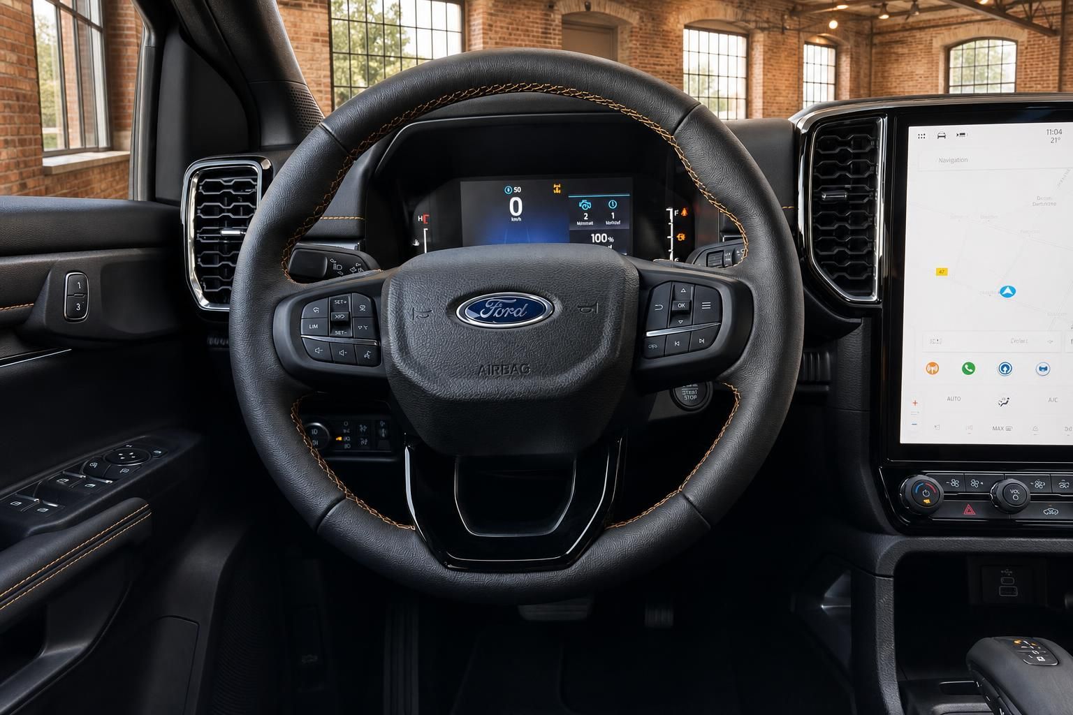 Ford Ranger Lenkrad Nahaufnahme mit Digitalinstrumenten und großem Infotainment-Touchscreen
