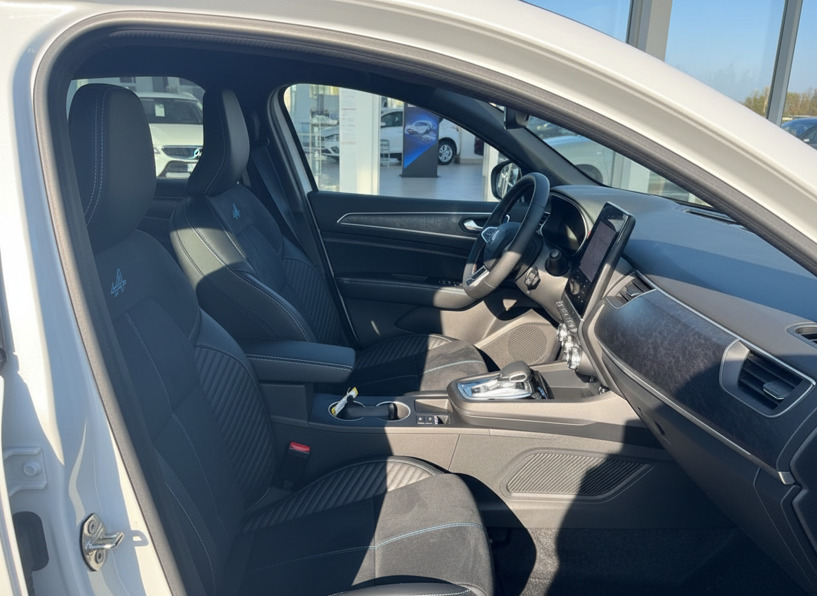 Alpine A Innenraum mit schwarzen Sportsitzen, Alcantara-Elementen und blauem Stitching