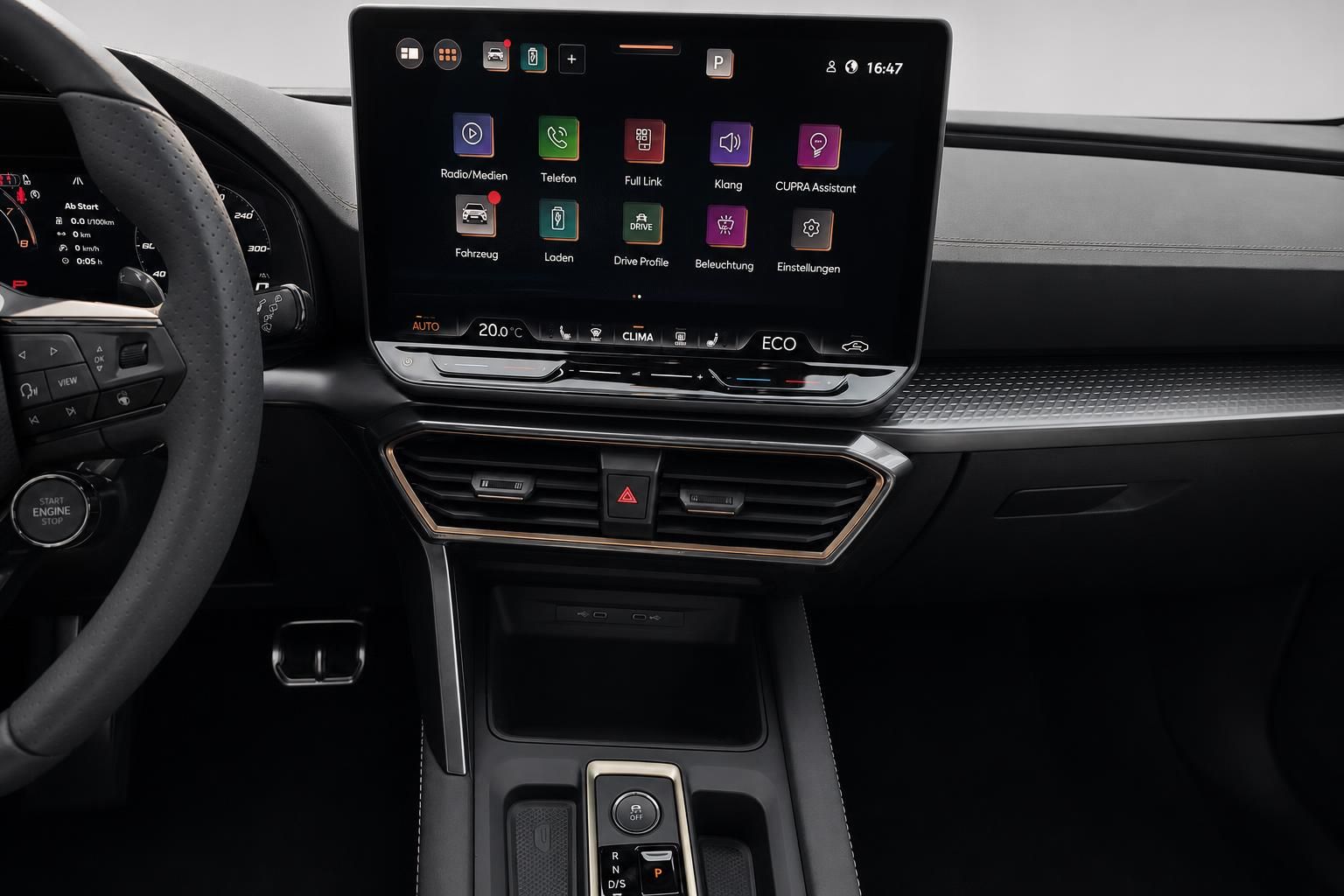 Cupra Infotainment-Bildschirm mit Menüansicht im Detail
