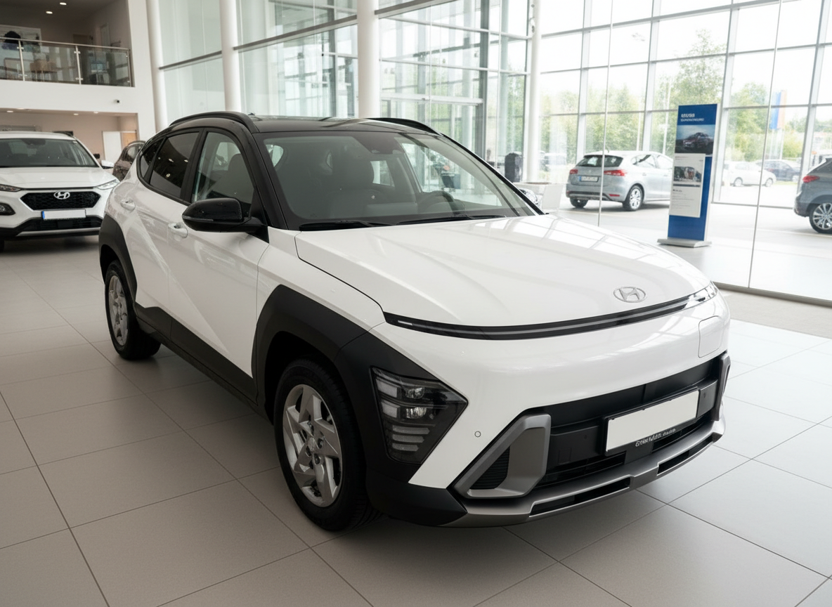 Hyundai Kona SUV in Weiß-Schwarz im Autohaus Showroom, Frontansicht