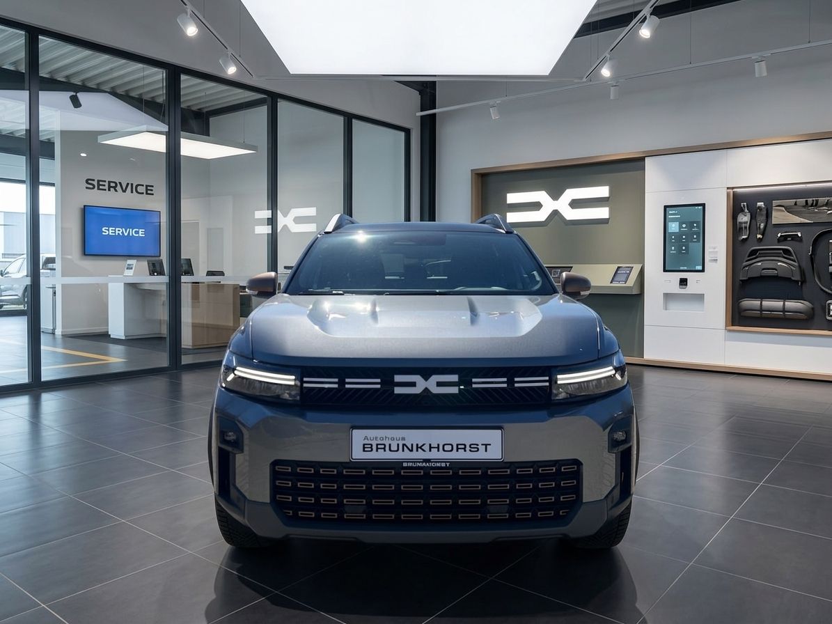 Dacia SUV Frontansicht grau im Autohaus mit Servicebereich