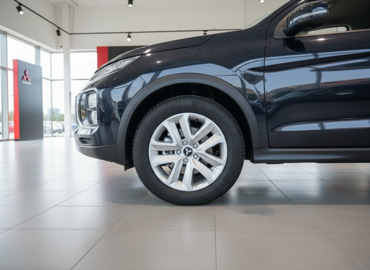 Mitsubishi ASX schwarz Frontpartie Nahaufnahme Felge im Autohaus Showroom