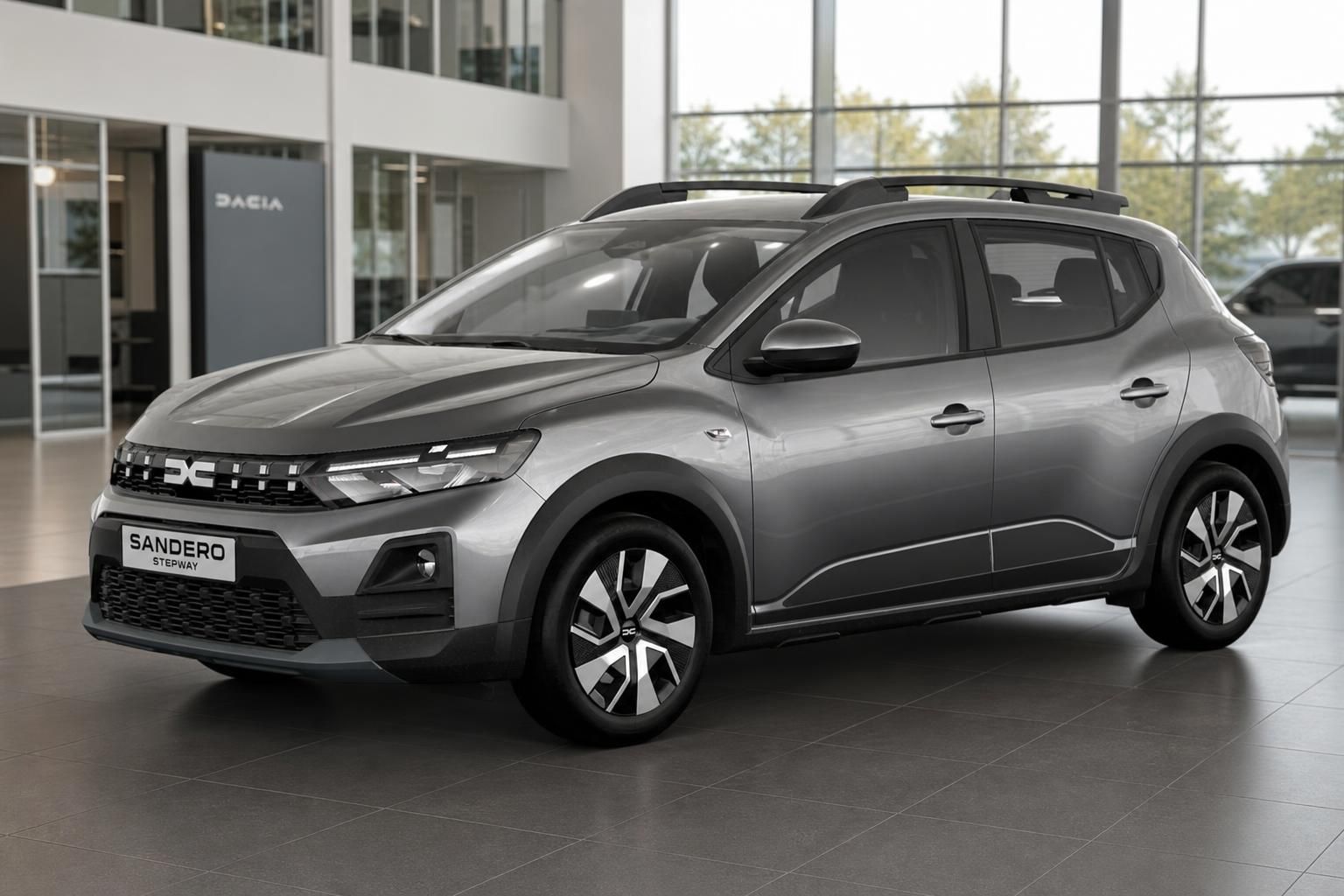 Dacia Sandero Stepway grau Frontansicht im Showroom